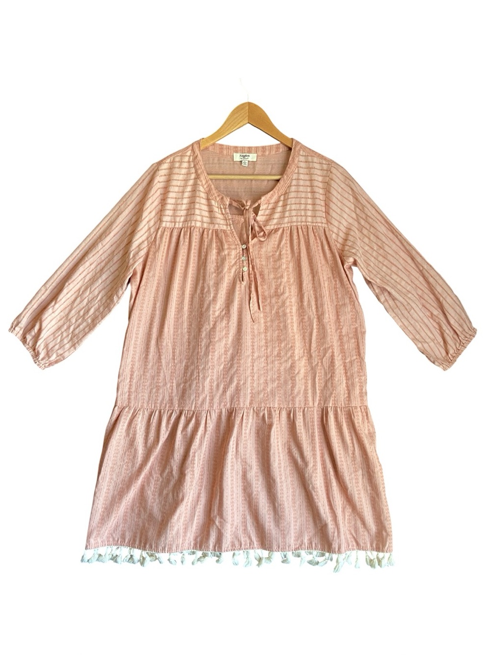 Hayden Los Angeles | Coral Pink Boho Striped Cotton Tassel Dress Coastal| Size L